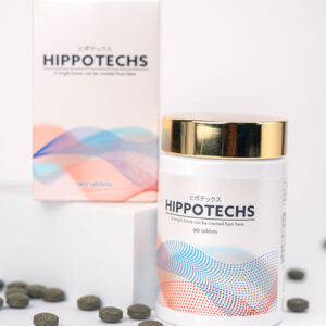 A bottle and box of Hippotechs tablets are displayed, featuring a modern design with wavy patterns in blue, pink, and orange. The bottle has a gold cap, and several tablets are scattered around on a white surface.
